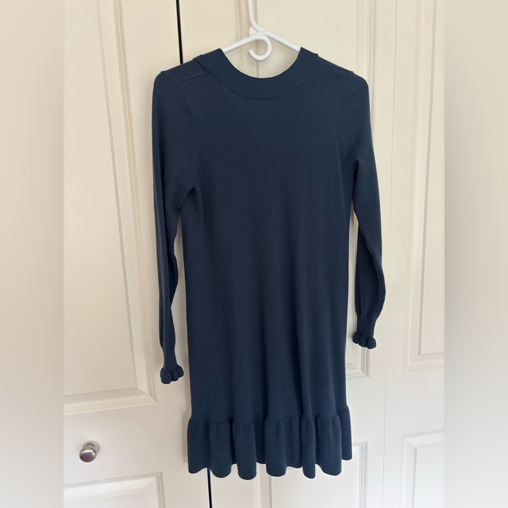 LOFT wool blend sweater midi dress w/ tie neck and ruffle sleeve and hem S.